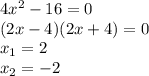 4x^2-16 = 0\\(2x-4)(2x+4)=0\\x_1=2\\x_2 = -2
