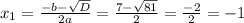 x_{1} =\frac{-b-\sqrt{D} }{2a} =\frac{7-\sqrt{81} }{2} = \frac{-2}{2} = -1