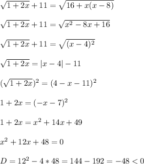 \sqrt{1+2x} +11=\sqrt{16+x(x-8)}\\\\\sqrt{1+2x}+11=\sqrt{x^{2}-8x+16 }\\\\\sqrt{1+2x}+11=\sqrt{(x-4)^{2} }\\\\\sqrt{1+2x}=|x-4|-11 \\\\(\sqrt{1+2x})^{2} =(4-x-11)^{2} \\\\1+2x=(-x-7)^{2}\\\\1+2x=x^{2}+14x+49\\\\x^{2}+12x+48=0\\\\D=12^{2}-4*48=144-192=-48