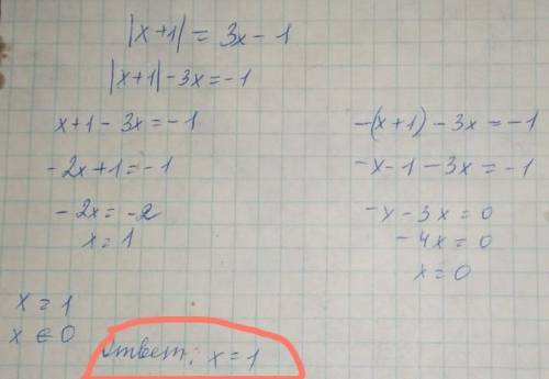 |x + 1| = 3x - 1 решите уравнение​