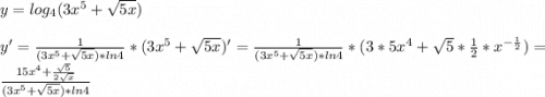 y=log_4(3x^5+\sqrt{5x})\\\\y'=\frac{1}{(3x^5+\sqrt{5x})*ln4 } *(3x^5+\sqrt{5x} )'=\frac{1}{(3x^5+\sqrt{5x})*ln4 }*(3*5x^4+\sqrt{5}*\frac{1}{2}*x ^{-\frac{1}{2} })=\frac{15x^4+\frac{\sqrt{5} }{2\sqrt{x} } }{(3x^5+\sqrt{5x})*ln4 }