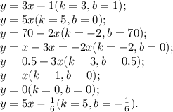 y=3x+1 (k=3, b=1);\\y=5x (k=5, b=0);\\y=70-2x (k=-2, b=70);\\y=x-3x=-2x (k=-2, b=0);\\y=0.5+3x (k=3, b=0.5);\\y=x (k=1, b=0);\\y=0 (k=0, b=0);\\y=5x-\frac{1}{6} (k=5, b=-\frac{1}{6} ).