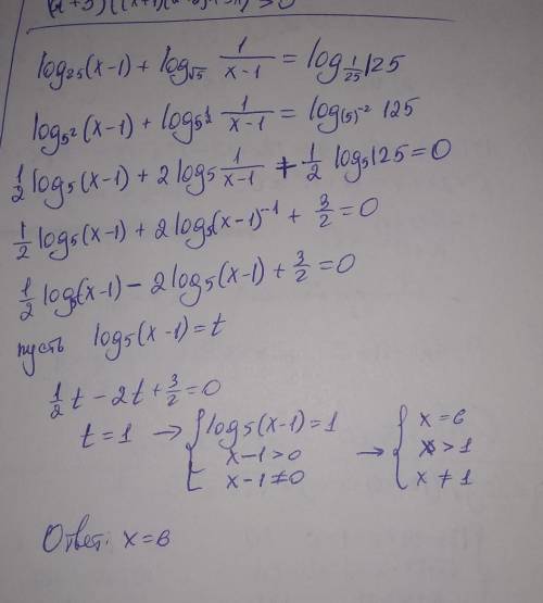 решить log₂₅(x-1)+log√5* 1/x-1=log₁/₂₅*125