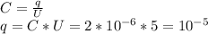 C=\frac{q}{U} \\q=C*U=2*10^{-6} *5=10^{-5} Кл