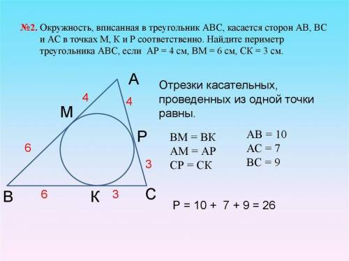 известно, что длина радиуса окружности, вписанной в треугольник АВС, равна 1. эта окружность касаетс
