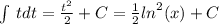 \int\limits \: tdt = \frac{ {t}^{2} }{2} + C= \frac{1}{2} {ln}^{2}( x) + C \\