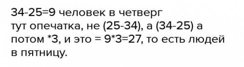 В среду в библиотеке побывало 34 человека, четверг на 25 человек меньше, а в пятницу в 3 раза больше