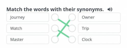 Match the words their synonyms JourneyWatchMasterOwner TripClock