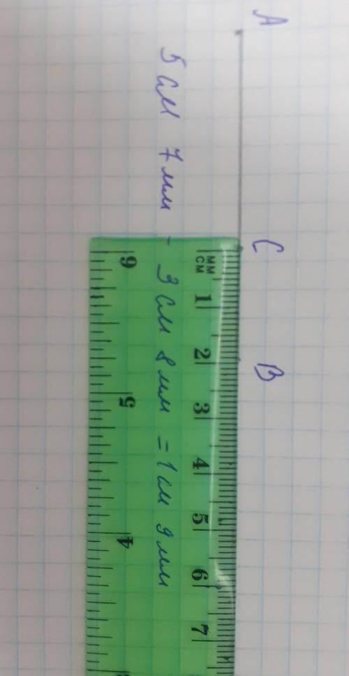 496. Начерти отрезок AB = 5 см 7 мм. Отметь на отрезке АВ такую точку С, что AC = 3 см 8 мм. Какова