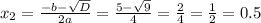 x_{2} =\frac{-b-\sqrt{D} }{2a} = \frac{5-\sqrt{9} }{4} = \frac{2}{4} = \frac{1}{2} = 0.5