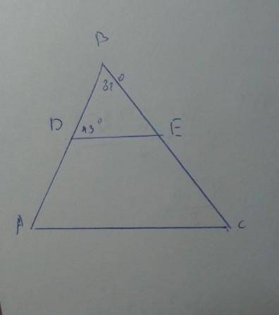 Нарисуй треугольник ABC и проведи DE ∥ AC. Известно, что:D∈AB,E∈BC, ∢ABC=82°, ∢EDB=56°.