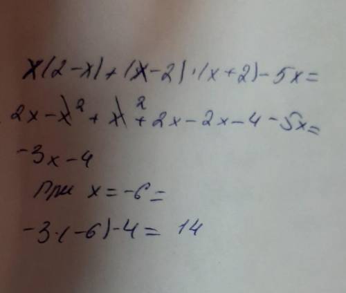 Спростіть вираз x(2-x)+(x-2)(x+2)-5x і знайдіть його значення при x= -6​