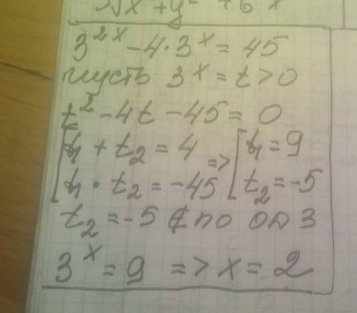 Решить показательное уравнение 3²^x-4×3^x=45​