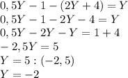0,5Y-1-(2Y+4)=Y\\0,5Y-1-2Y-4=Y\\0,5Y-2Y-Y=1+4\\-2,5Y=5\\Y=5:(-2,5)\\Y=-2