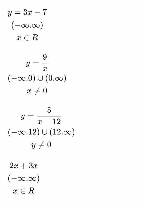 Знайдіть область визначення функції : у=3х-7; б) у=9/х; в) у=5/х-12 г) 2х+3х​