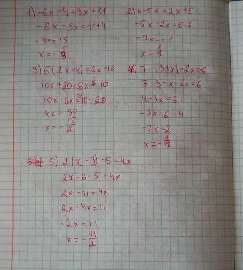 Решите уравнение 1) -6х – 4 = -9х + 11 2) 6 – 5х = 2х +5 3) 5(2х + 4) = 6х – 10 4) 7(-3 + х) – 2х =