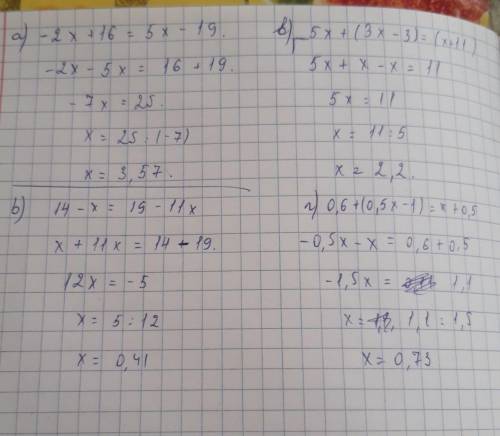 А) -2x+16=5х-19 ( ) б) 14-x=19 -11x ( )в) 5х+ (3x-3)=(x+11 ( )г) 0,6+ (0,5х-1) =х+0.5 ( ) д) 15(x+2)