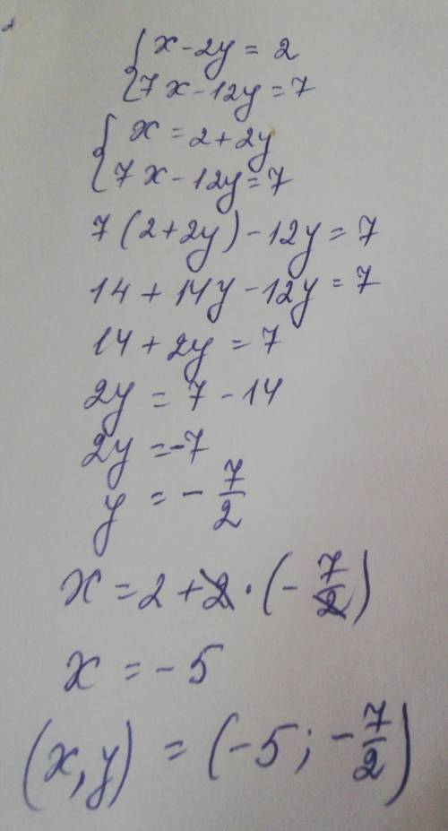 Реши систему уравнений методом подстановки:{x−2y=−27x−12y=7​