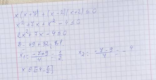 Розв'яжіть нерівність х(х + 7) + (х - 2)(х + 2) ≤ 0.