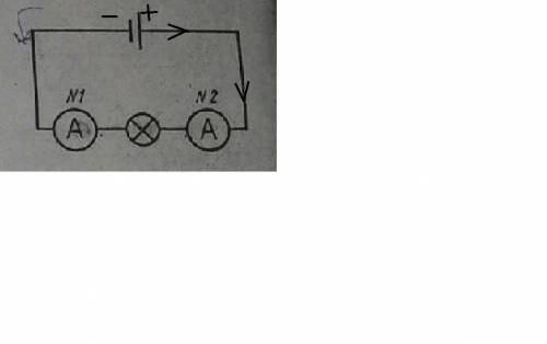 Покажите направление тока в цепи. Будет ли одинаковыми показаниями амперметров (№1 и 2)? Поясните по
