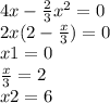 4x - \frac{2}{3} {x}^{2} = 0 \\ 2x(2 - \frac{x}{3} ) = 0 \\ x1 = 0 \\ \frac{x}{3} = 2 \\ x2 = 6