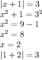 |x + 1| = 3\\ {x }^{2} + 1 = {3}^{2} \\ {x}^{2} = 9 - 1 \\ {x}^{2} = 8 \\ x = 2 \\ |1 + 2| = 3