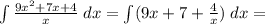 \int \frac{9x^2 + 7x + 4}{x}\; dx = \int (9x + 7 + \frac{4}{x})\; dx =
