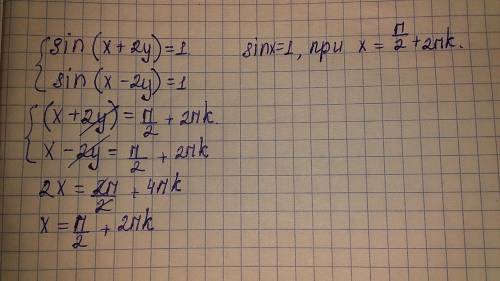 Решить систему: sin⁡(x+2y)=1 sin⁡(x-2y)=1