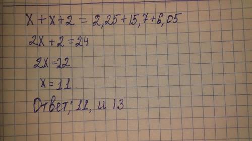 Сумма двух последовательных нчетныз натур.чисел равна сумме чисел 2,25;15,7 и6,05.Найдите эти числа.
