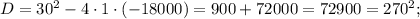 D=30^{2}-4 \cdot 1 \cdot (-18000)=900+72000=72900=270^{2};