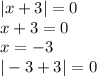 |x + 3| = 0 \\ x + 3 = 0 \\ x = - 3 \\ | - 3 + 3| = 0