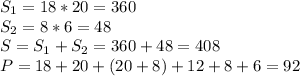 S_1 = 18 * 20 = 360\\S_2 = 8 * 6 = 48\\S = S_1 + S_2 = 360 + 48 = 408\\P = 18 + 20 + (20 + 8) + 12 + 8 + 6 = 92