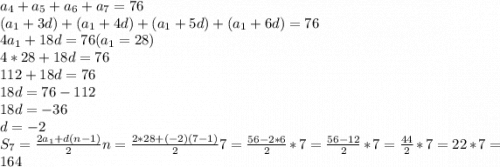 a_{4}+a_{5}+a_{6}+a_{7}=76\\(a_{1}+3d)+(a_{1}+4d)+(a_{1}+5d)+(a_{1}+6d)=76\\4a_{1}+18d=76 (a_{1}=28)\\4*28+18d=76\\112+18d=76\\18d=76-112\\18d=-36\\d=-2\\S_{7}=\frac{2a_{1}+d(n-1)}{2}n=\frac{2*28+(-2)(7-1)}{2} 7=\frac{56-2*6}{2}*7=\frac{56-12}{2} *7 =\frac{44}{2}*7=22*7=164