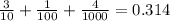 \frac{3}{10} + \frac{1}{100} + \frac{4}{1000} = 0.314