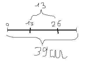 6. Отрезок длиной 39 см разделен на три равные части. Найдите расстояние между серединами крайних ча