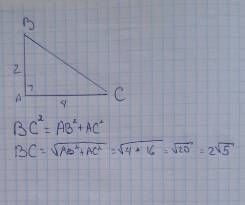 Українською: Знайдіть гіпотенузу прямокутного трикутника катети якого дорівнюють 2см та 4см. На русс