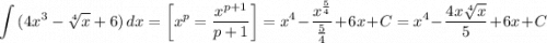 $ \int\limits {(4x^3 - \sqrt[4]{x} + 6)} \, dx = \left[ x^p = \frac{x^{p+1}}{p+1} \right] = x^4 - \frac{x^{\frac{5}{4}}}{\frac{5}{4}} + 6x + C = x^4 - \frac{4x\sqrt[4]{x}}{5} + 6x + C$