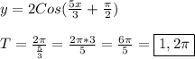 y=2Cos(\frac{5x}{3}+\frac{\pi }{2})\\\\T=\frac{2\pi }{\frac{5}{3}}=\frac{2\pi*3 }{5}=\frac{6\pi }{5}=\boxed{1,2\pi}