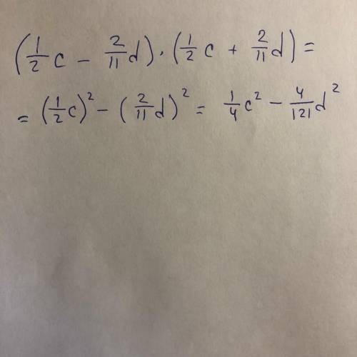 Выполни умножение (1/2c−2/11d)⋅(1/2c+2/11d) . Выбери правильный ответ: 14c2−2⋅12c⋅211d+4121d2 14c2−