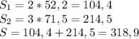 S_{1}=2*52,2=104,4 \\S_{2}=3*71,5=214,5\\S=104,4+214,5=318,9