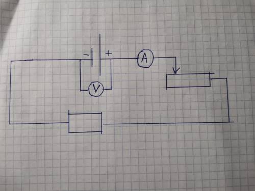 Нарисуйте электрическую схему состоящую из источника тока, реостата, резистора, вольтметра и амперме