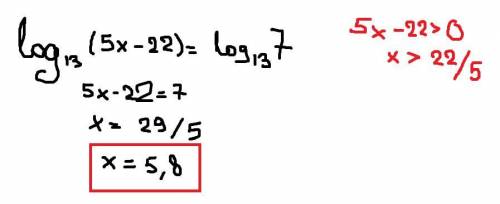 Log13(5x-22)=log 13 7*
