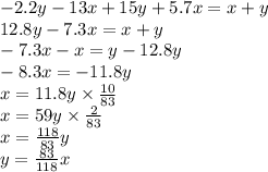 - 2.2y - 13x + 15y + 5.7x = x + y \\ 12.8y - 7.3x = x + y \\ - 7.3x - x = y - 12.8y \\ - 8.3x = - 11.8y \\ x = 11.8y \times \frac{10}{83} \\ x = 59y \times \frac{2}{83} \\ x = \frac{118}{83}y \\ y = \frac{83}{118} x