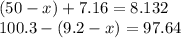 (50 - x) + 7.16 = 8.132 \\ 100.3 - (9.2 - x) = 97.64