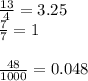 \frac{13}{4} = 3.25 \ \\ \frac{7}{7 } = 1 \\ \\ \frac{48}{1000} = 0.048
