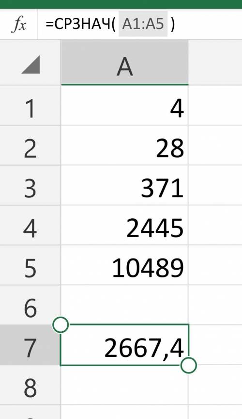 Даны числа: 4; 28; 371; 2445; 10489. Используя MS Excel, вычисли среднее арифметическое данных чисел