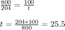 \frac{800}{204} = \frac{100}{t} \\ \\ t=\frac{204*100}{800}=25.5
