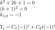 k^2+2k+1=0 \\ (k+1)^2=0 \\ k_{1,2}=-1 \\ \\ Y_i=C_1(-1)^i+C_2i(-1)^i