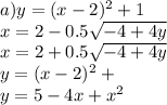 a)y = (x - 2) ^{2} + 1 \\ x = 2 - 0.5 \sqrt{ - 4 + 4y} \\ x = 2 + 0.5 \sqrt{ - 4 + 4y} \\ y = (x - 2) ^{2} + \\ y = 5 - 4x + {x}^{2} \\