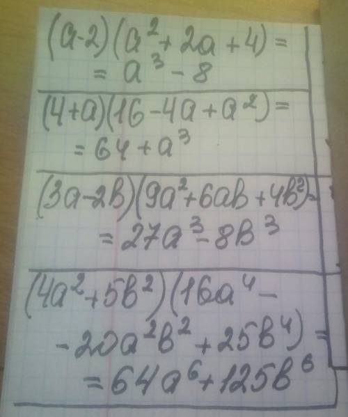  Запишите выражение в виде суммы или разности кубов одночленов: а) (а – 2)(а² + 2а  + 4)в) (4 + а)(1